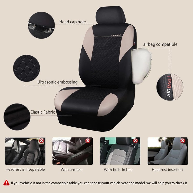 CAR PASS Ultrasonic Embossing Cloth Universal seat Covers-Breathable car seat Cover with 5mm Composite Sponge Inside,Airbag Compatible,2zipper Bench for Sedan,SUV,Truck(Black and Beige,Full Set) - Image 4